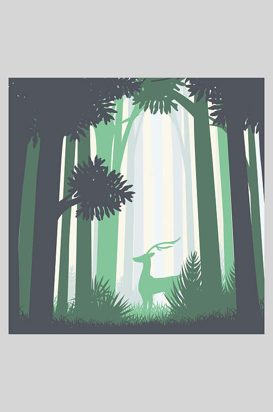 矢量eps风景插画素材迷雾森林l鹿