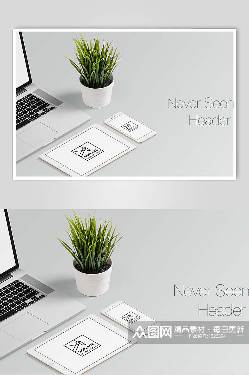 清新办公桌平板手机电脑盆栽整套VI样机效果图素材