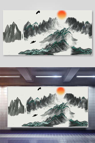 中国风山水日出背景图背景素材