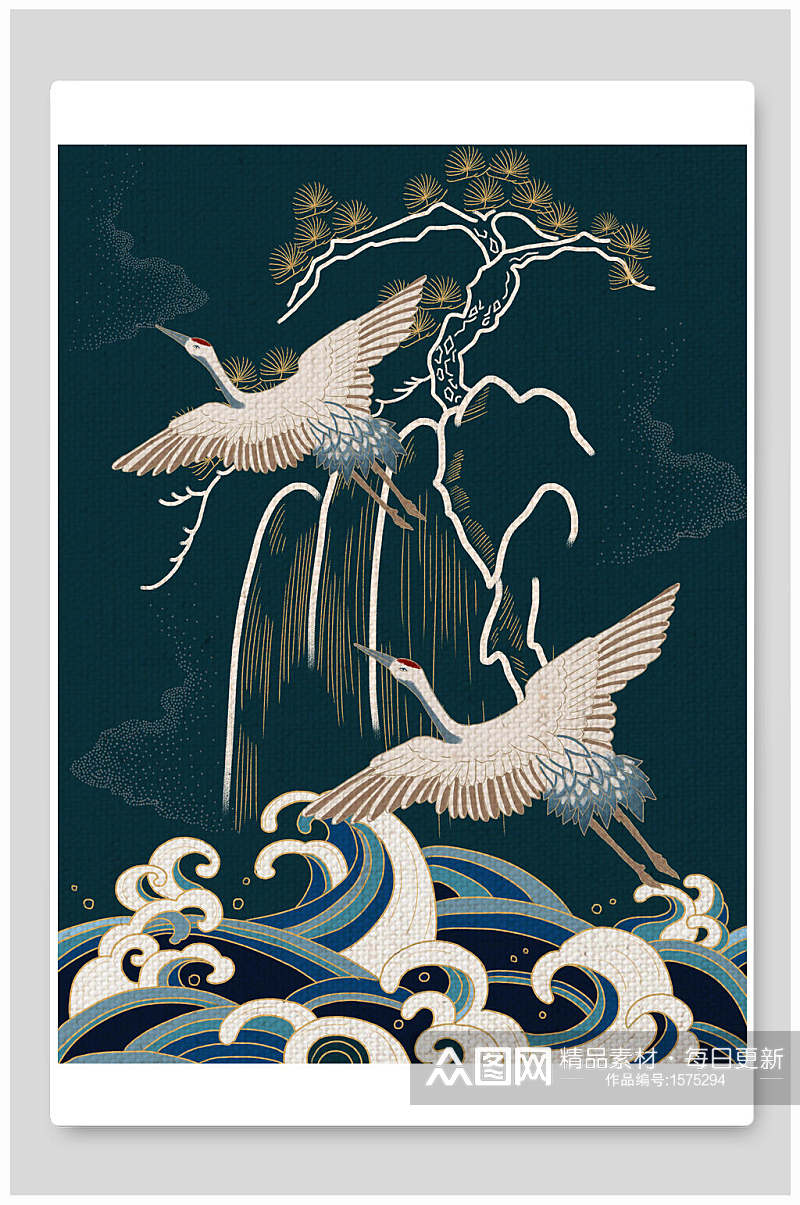 中式古风仙鹤手绘插画素材素材