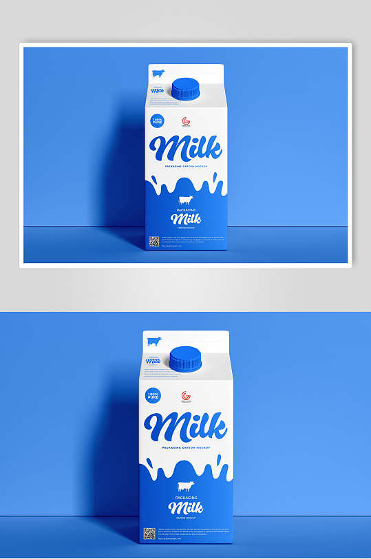 蓝色纯牛奶奶瓶包装样机效果图