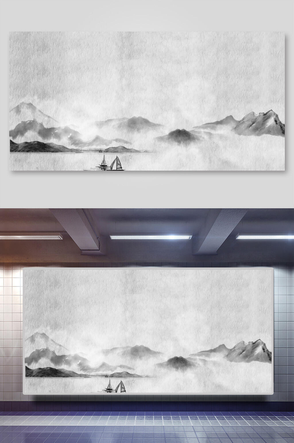 灰白中国风山水沙画背景图素材
