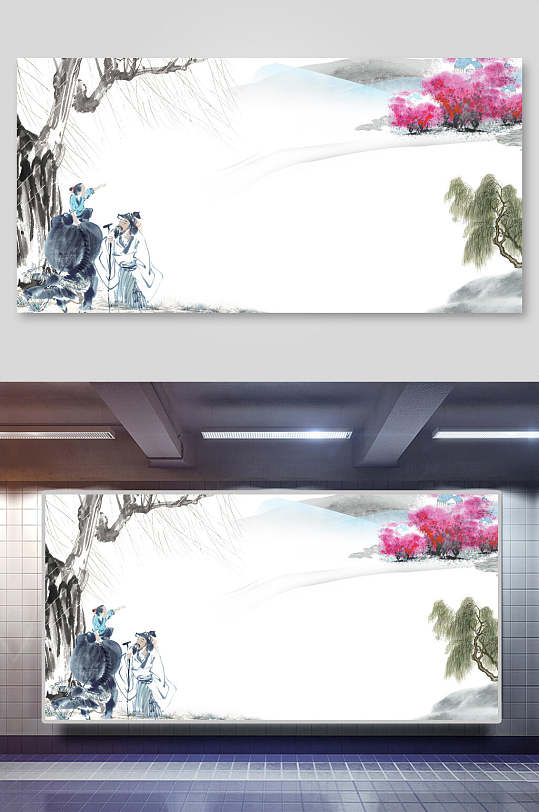 中国风柳树鲜花山水背景图背景素材