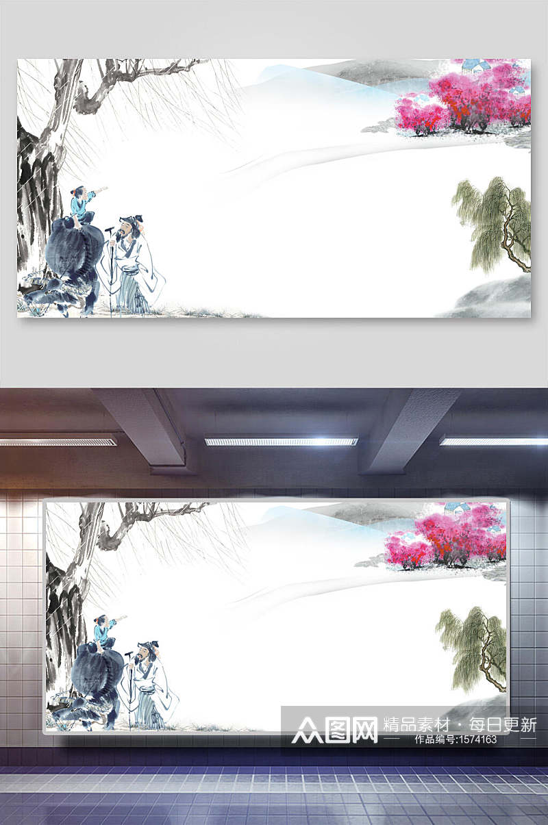 中国风柳树鲜花山水背景图背景素材素材