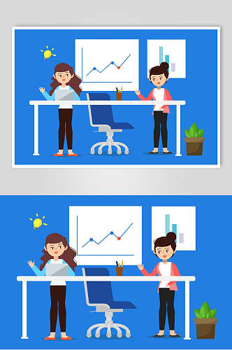 双人蓝色卡通质量分析办公插画