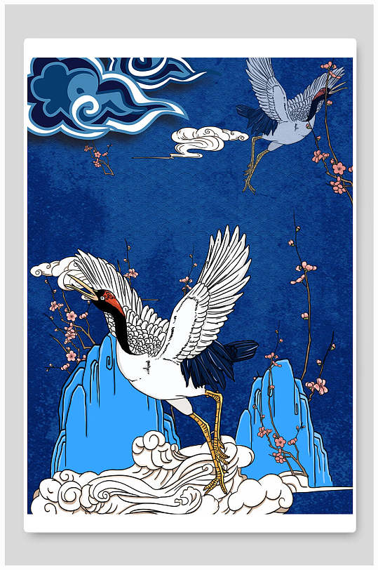 蓝色中式复古仙鹤手绘插画素材