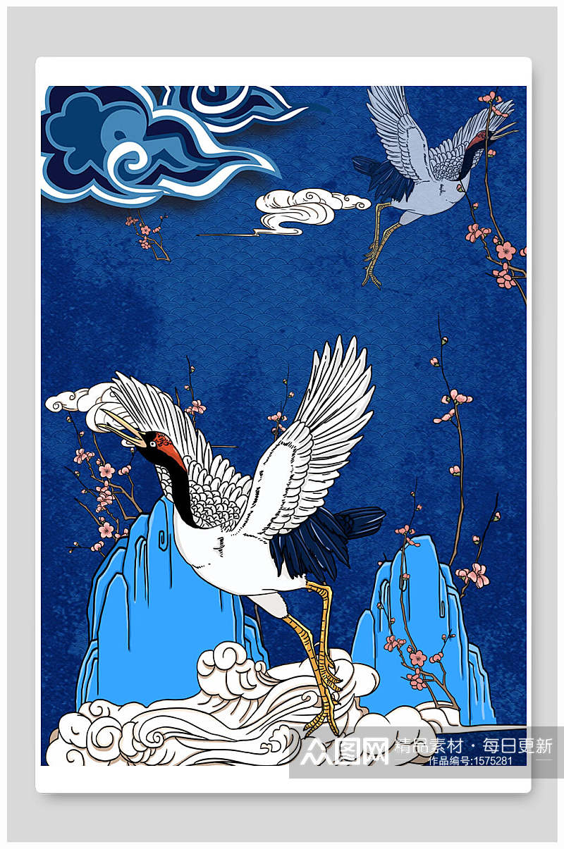 蓝色中式复古仙鹤手绘插画素材素材