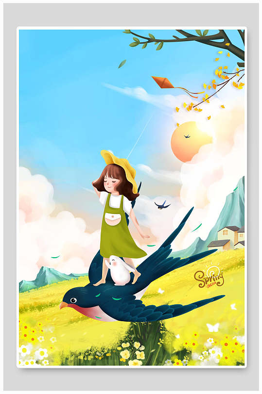 春天插画儿童童趣拇指姑娘