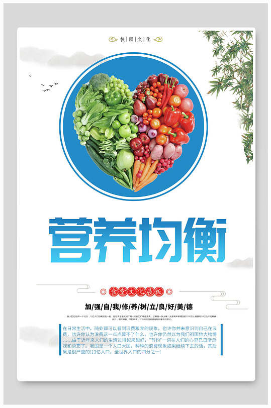 蓝色营养均衡食堂餐饮文化宣传标语H5长图