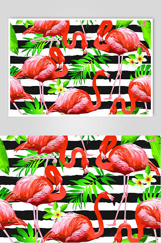 红色火烈鸟热带植物插画元素