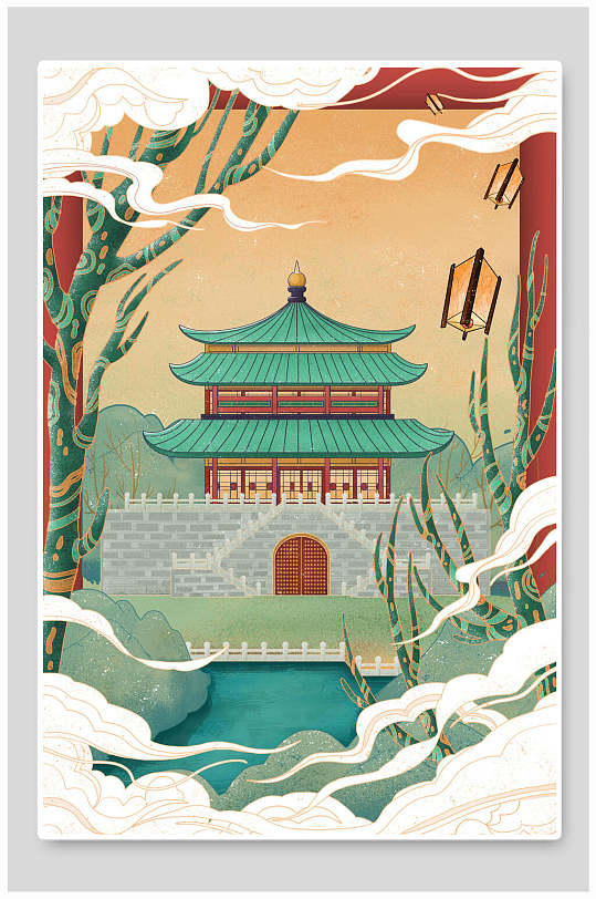 中国风古建筑城墙插画素材