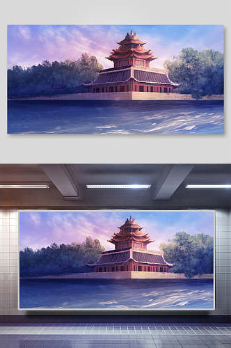 中国风蓝色古建筑插画素材