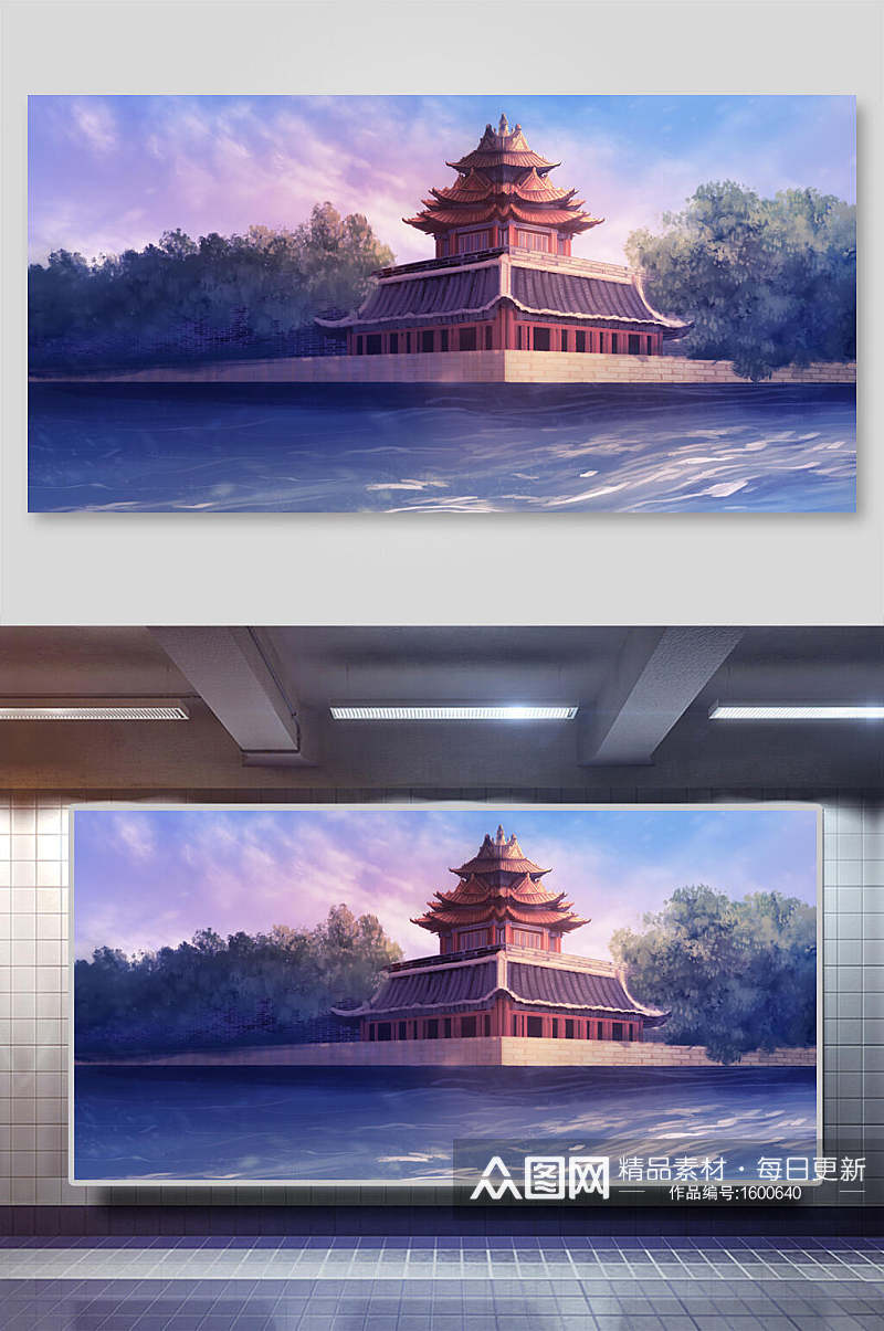 中国风蓝色古建筑插画素材素材