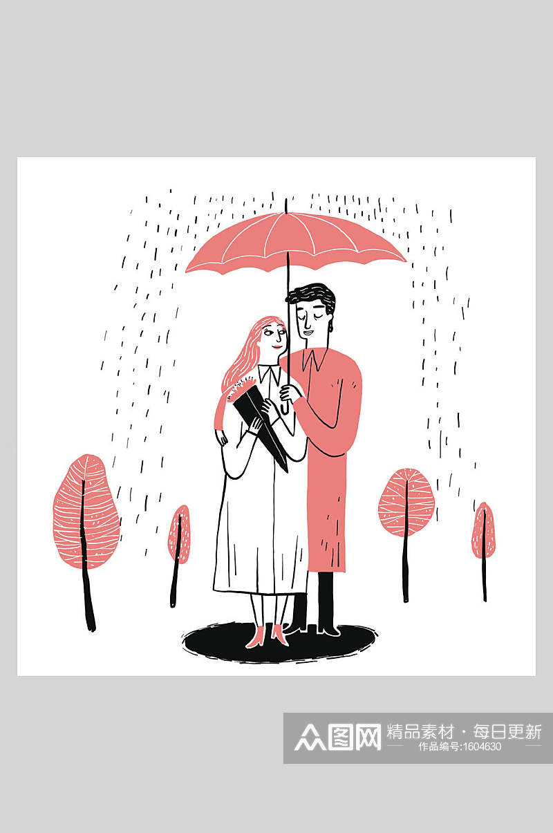 情侣下雨撑伞人物插画素材设计素材