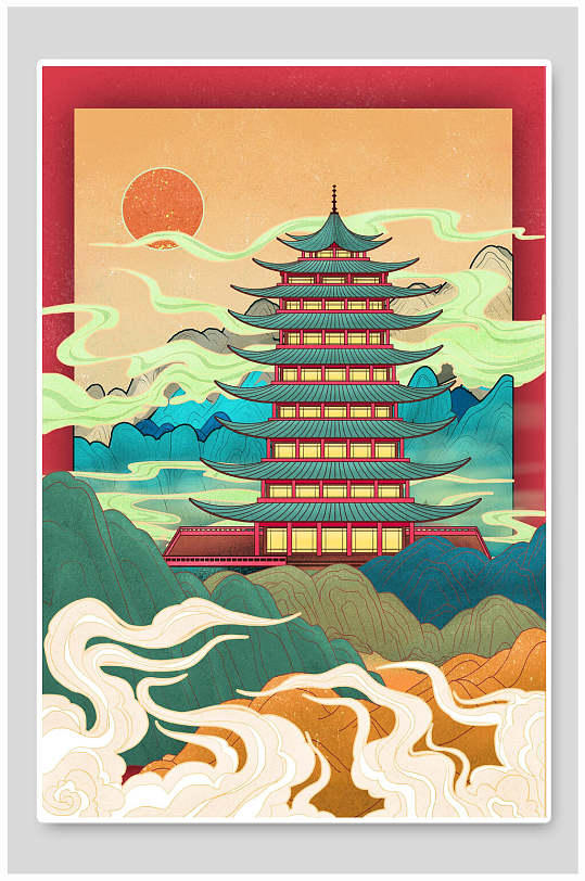中国风国潮古建筑塔插画素材