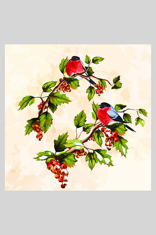 文艺复古手绘花鸟插画素材