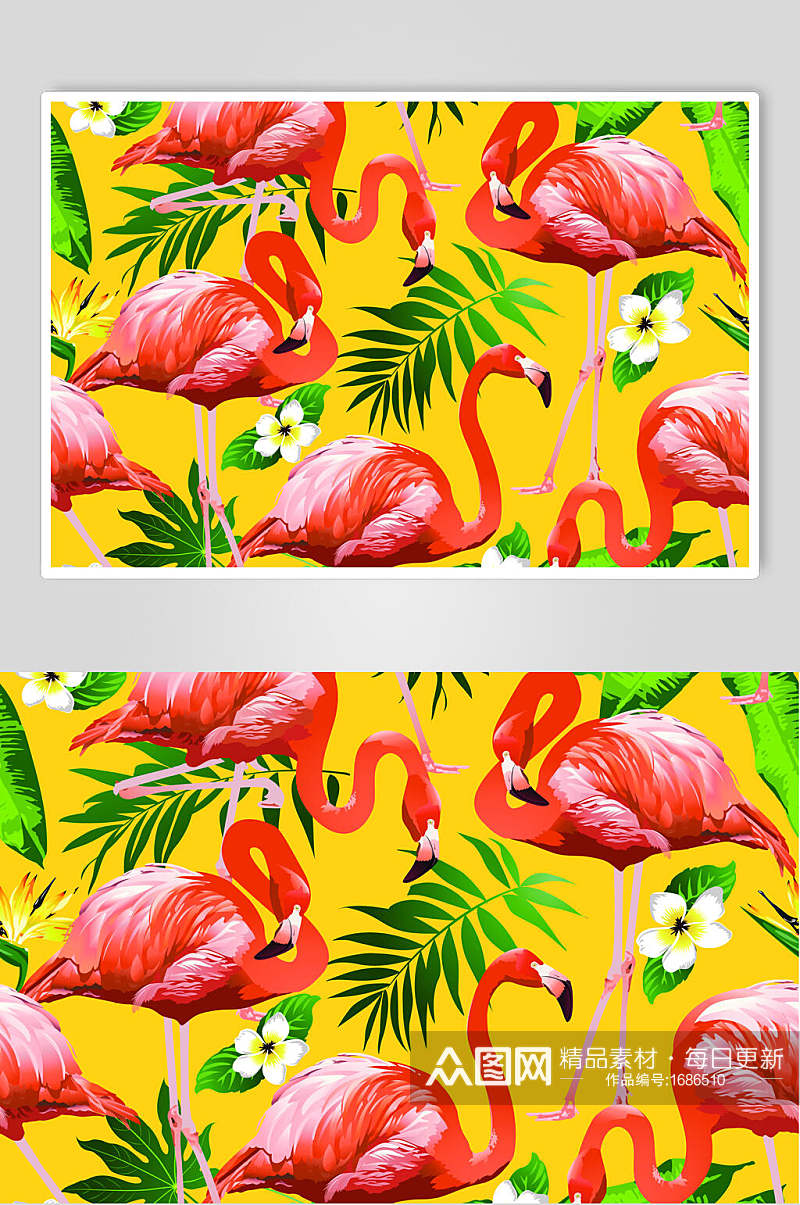 红色火烈鸟热带植物插画元素素材