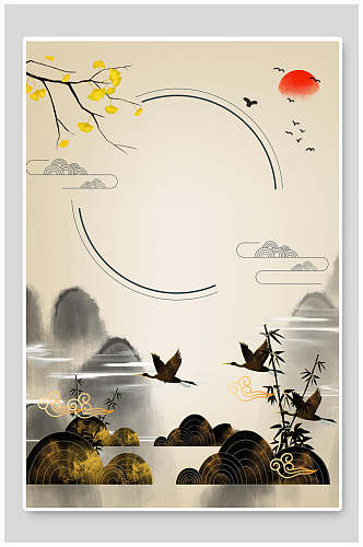 中国风秀丽金线山水烫金国潮背景海报