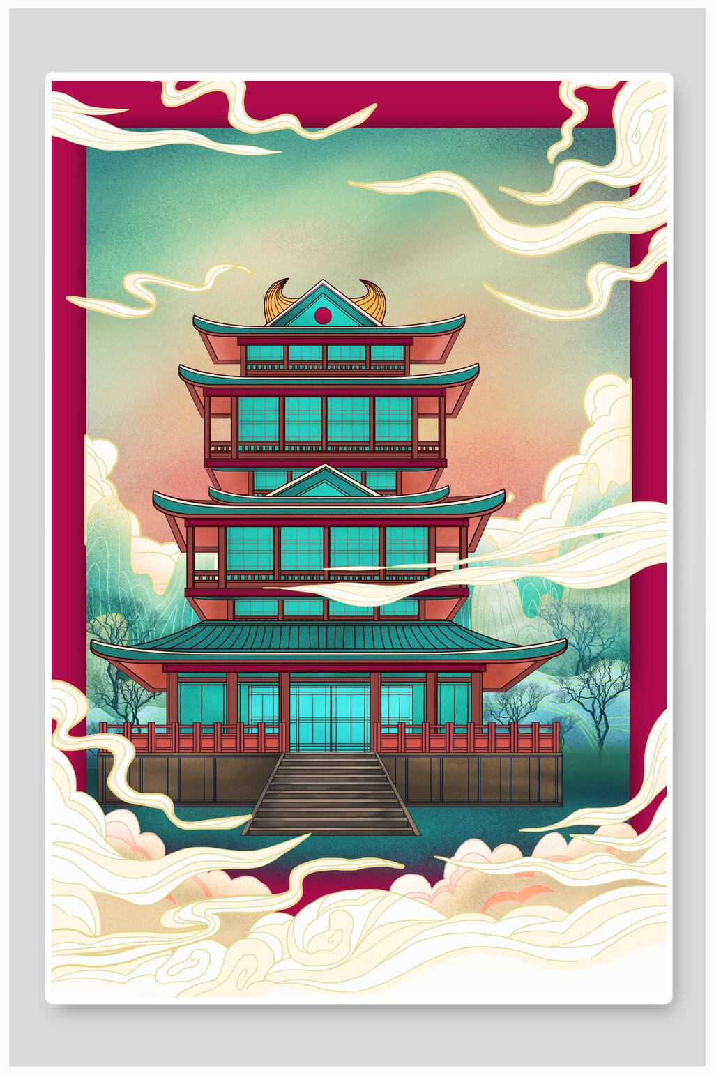 渐变中国风古建筑插画素材素材