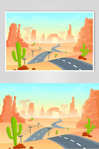 炎热中黄色沙漠公路插画设计素材