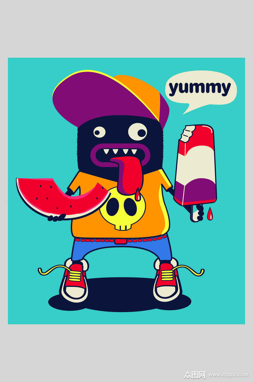 春日青幽默清凉西瓜雪糕卡通涂鸦插画素材