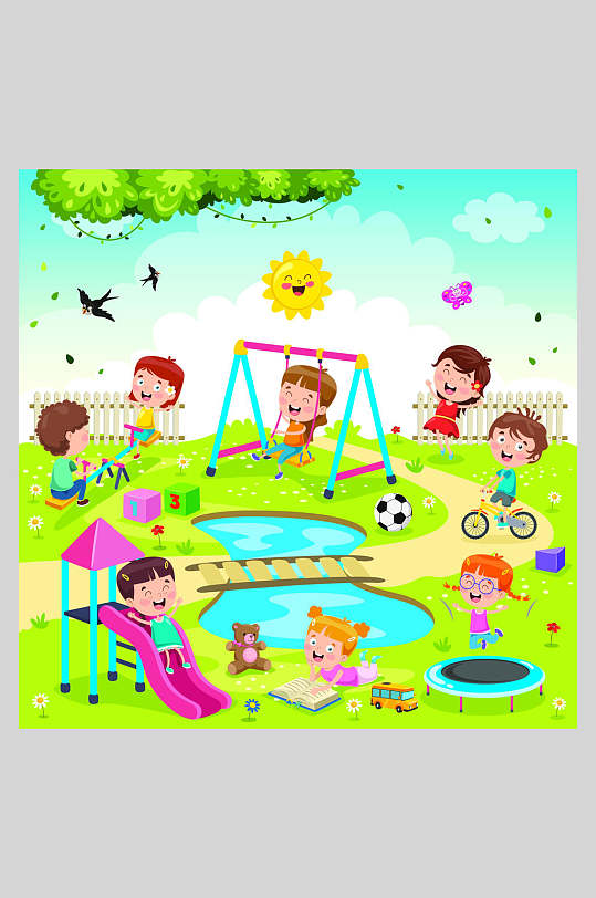 扁平卡通手绘狂欢玩耍儿童节快乐海报儿童节手绘线描卡通人物小孩子