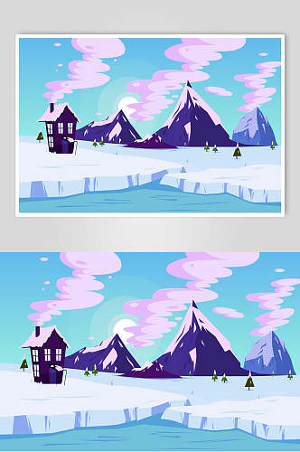 蓝紫色冰川房屋插画设计素材