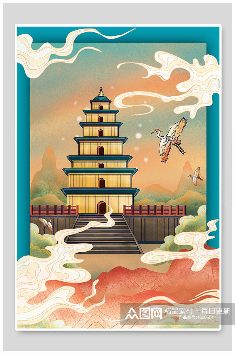 中国风古建筑宝塔插画素材素材