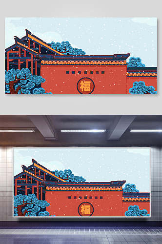 中国风红色古建筑插画素材