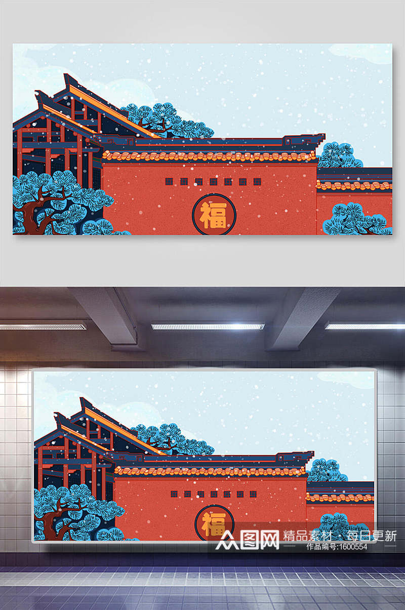 中国风红色古建筑插画素材素材