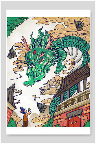 中国风古建筑绿色龙插画素材