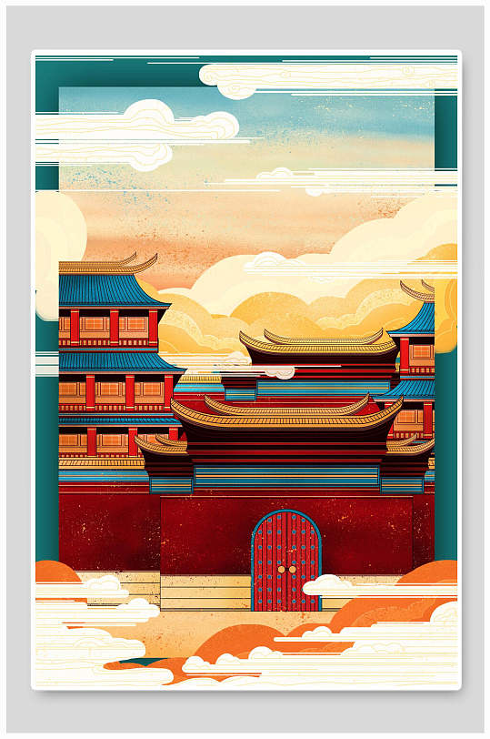 中国风古建筑寺庙插画素材