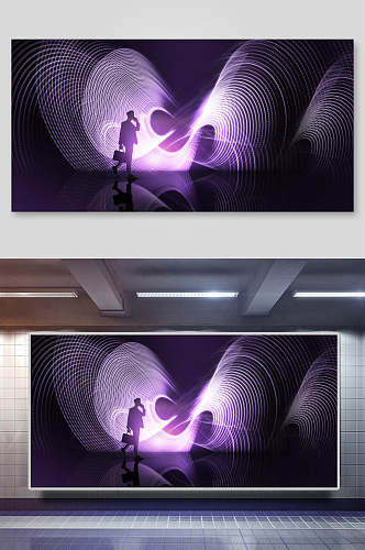 低调神秘黑紫炫彩舞台背景海报