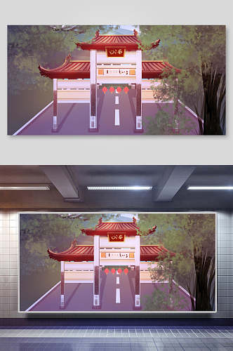 中国风古建筑大门插画素材