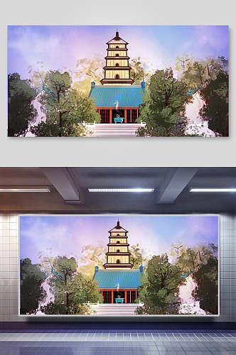 中国风古建筑寺庙插画素材