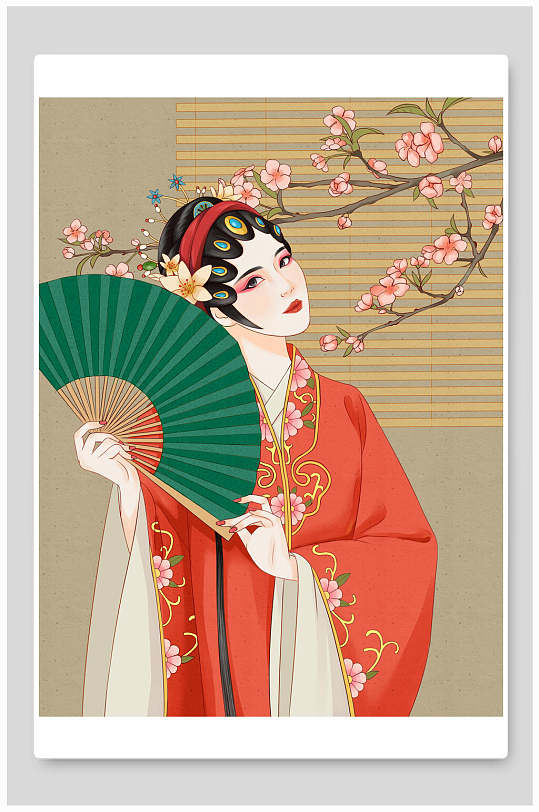 中国风古建筑黄梅戏插画素材