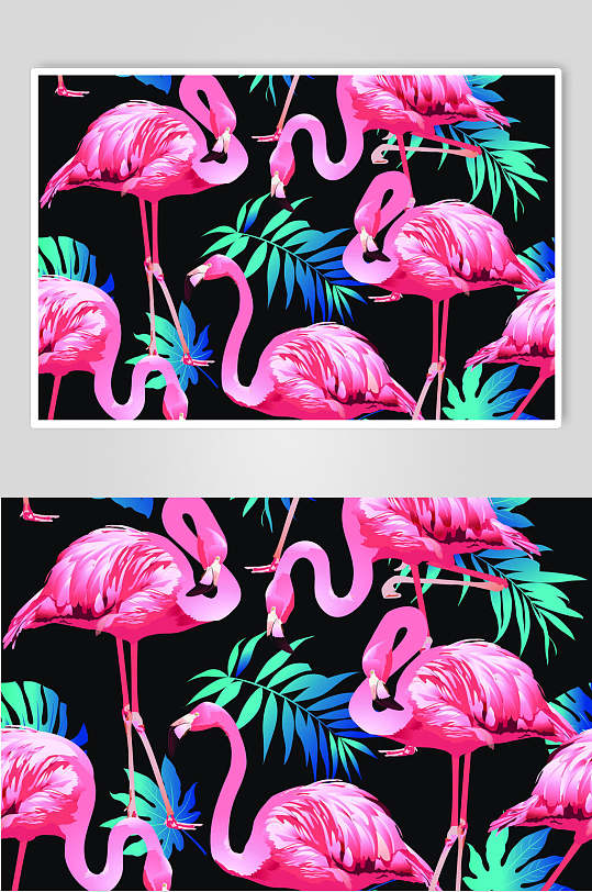粉色火烈鸟热带植物插画元素