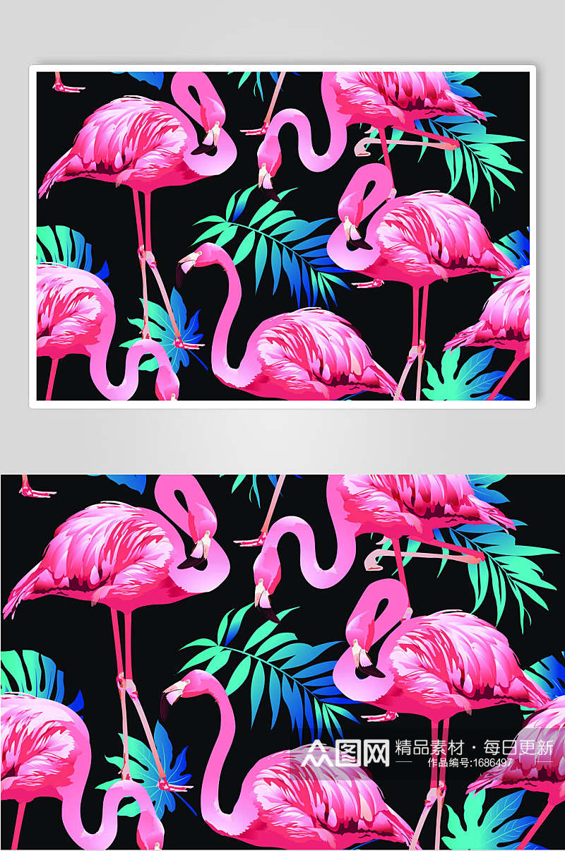 粉色火烈鸟热带植物插画元素素材