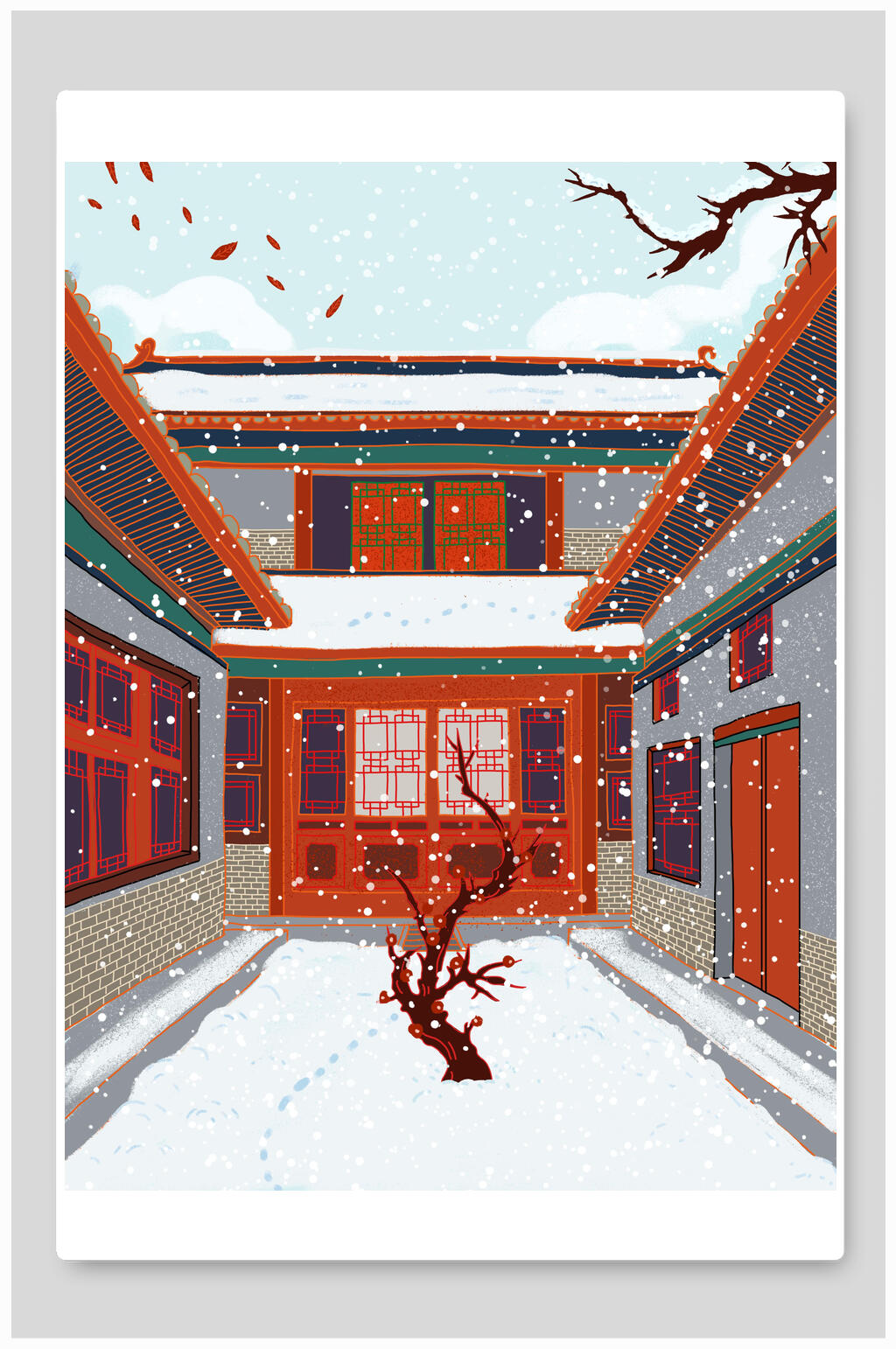 中国风古建筑下雪插画素材素材