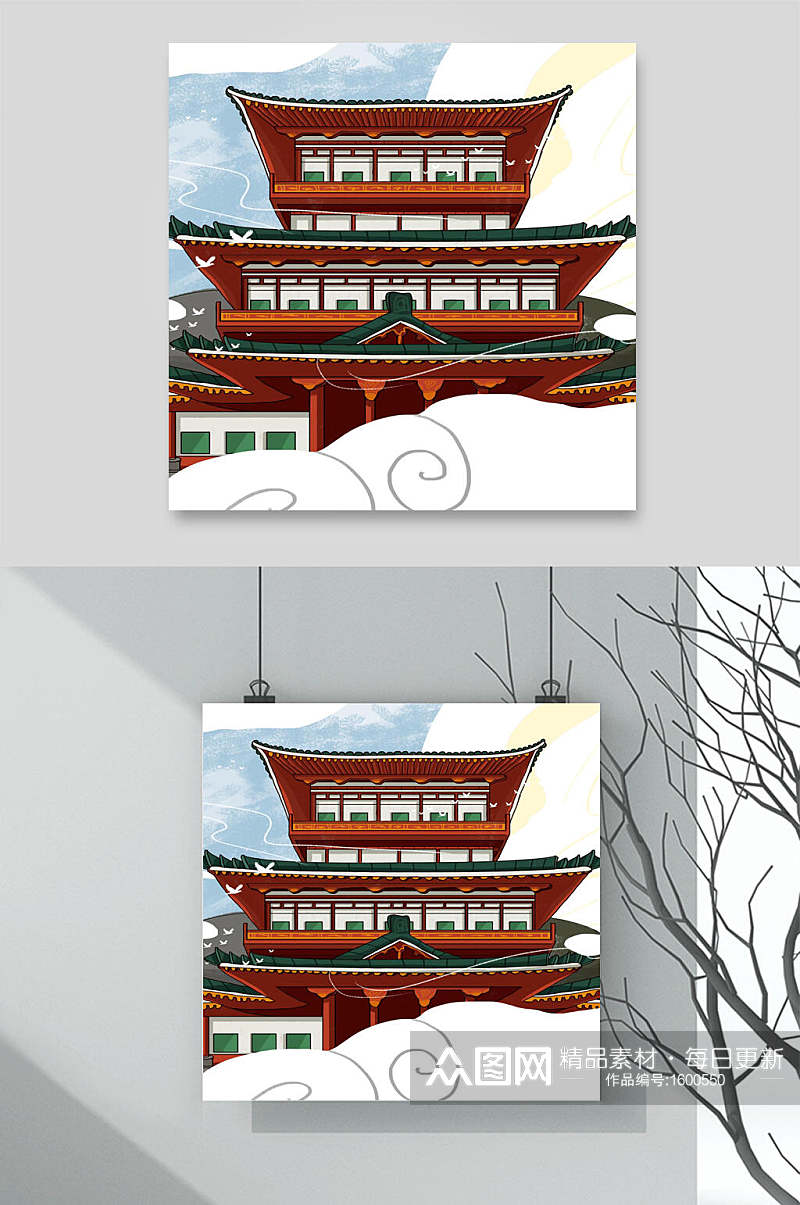 中国风古建筑插画素材素材
