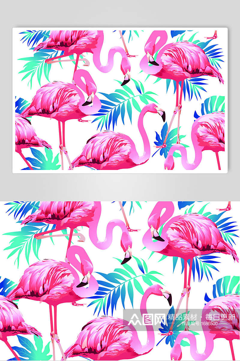 粉色火烈鸟热带植物插画元素素材