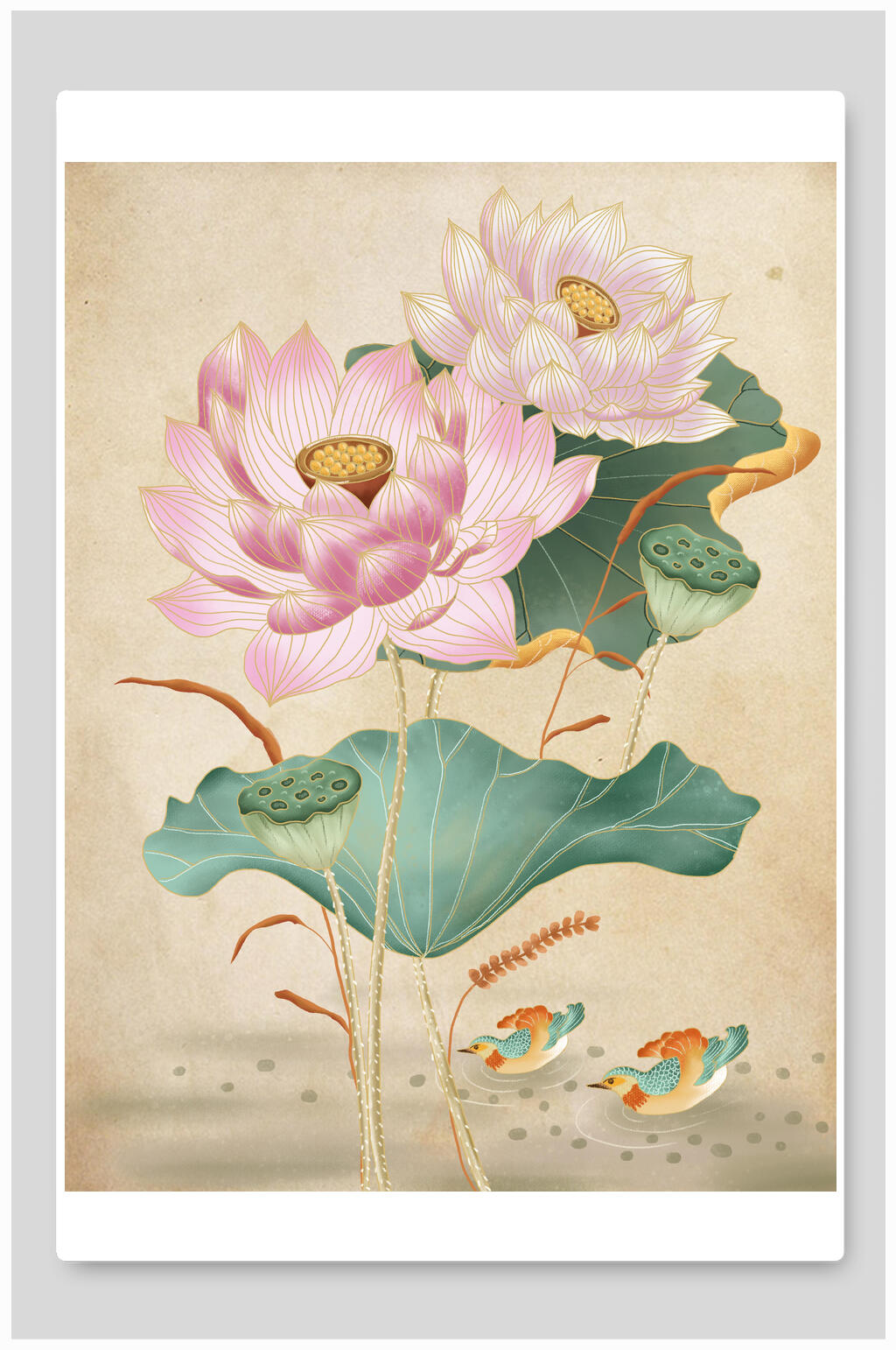 中国风古建筑荷花插画素材素材