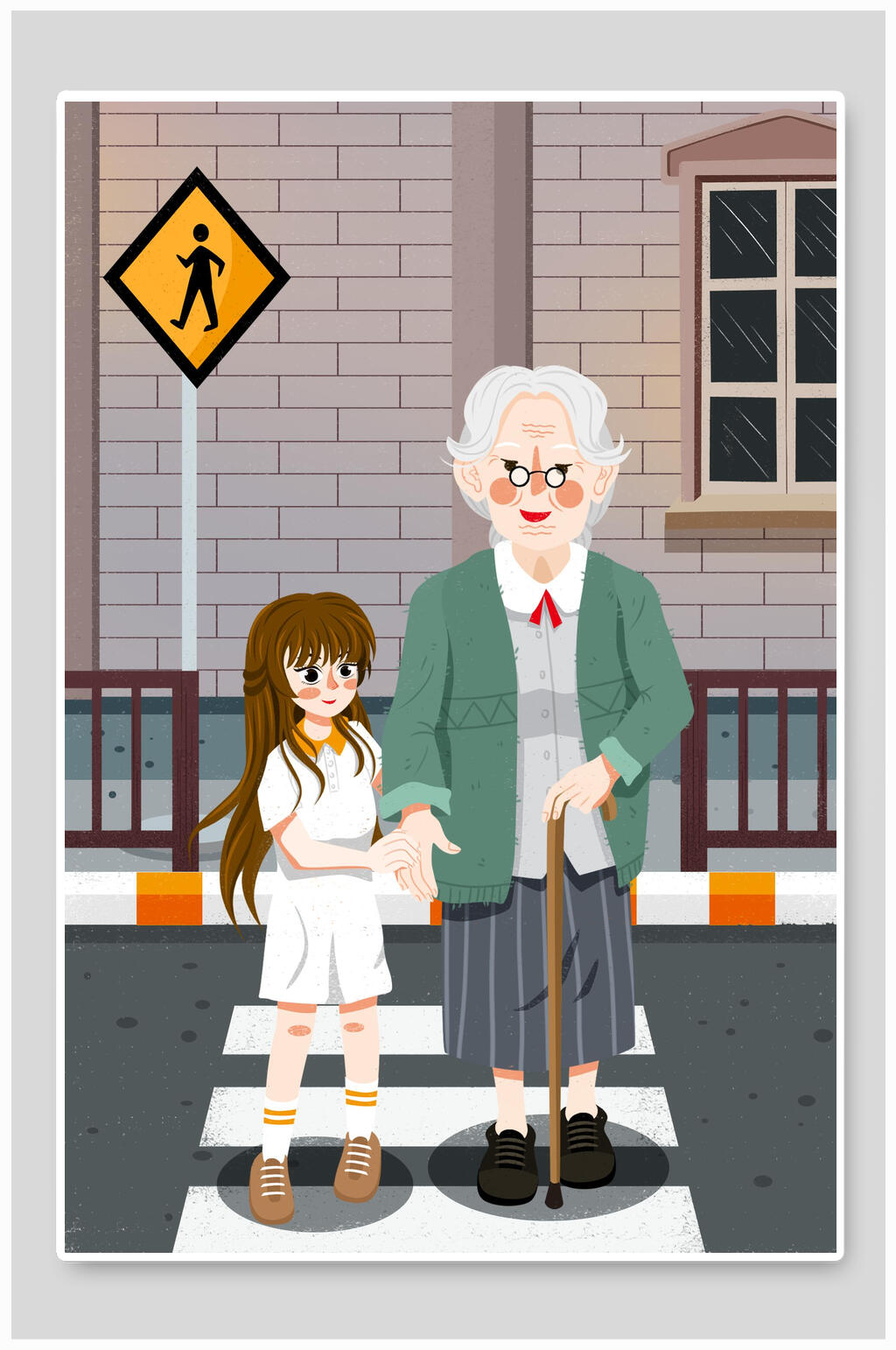 过马路老人重阳节插画素材素材