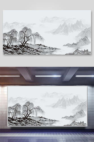 中国画山水墨画古风背景元素