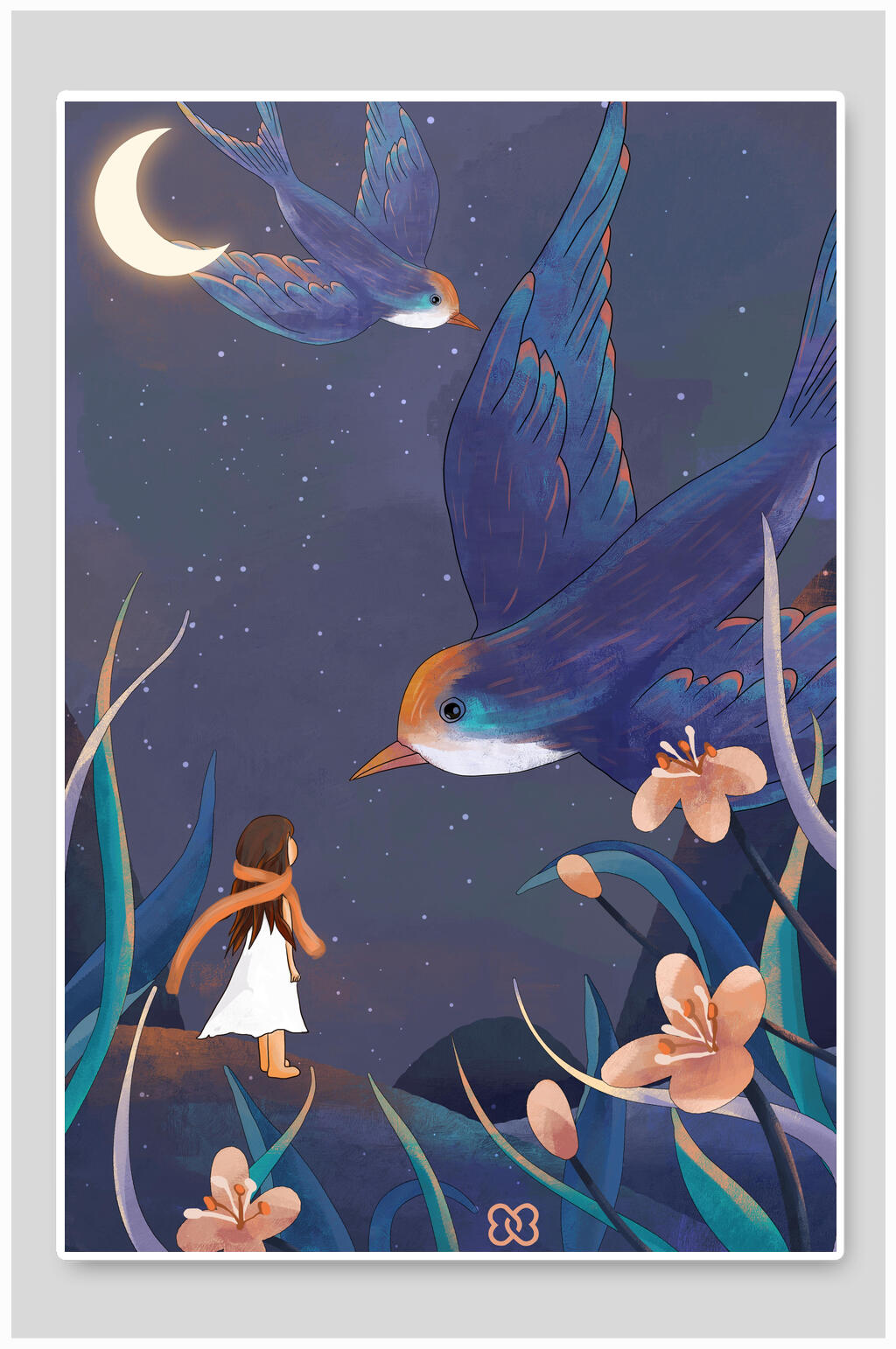 清新唯美花鸟插画素材素材