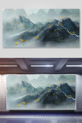 中国风仙鹤山峰图案背景素材