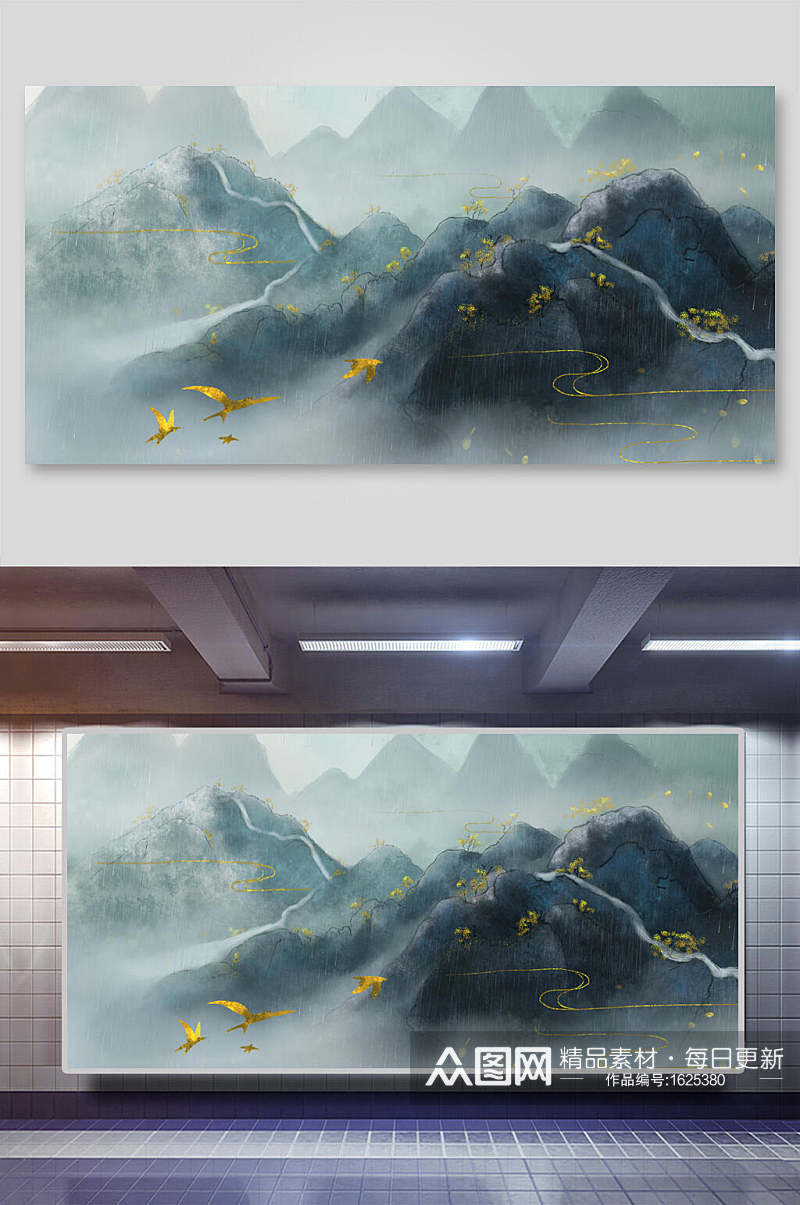 中国风仙鹤山峰图案背景素材素材