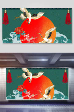 红金中式国潮风仙鹤背景素材
