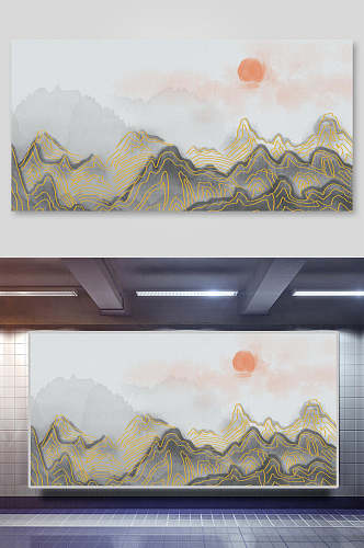 中国风鎏金烫金山水壁画素材