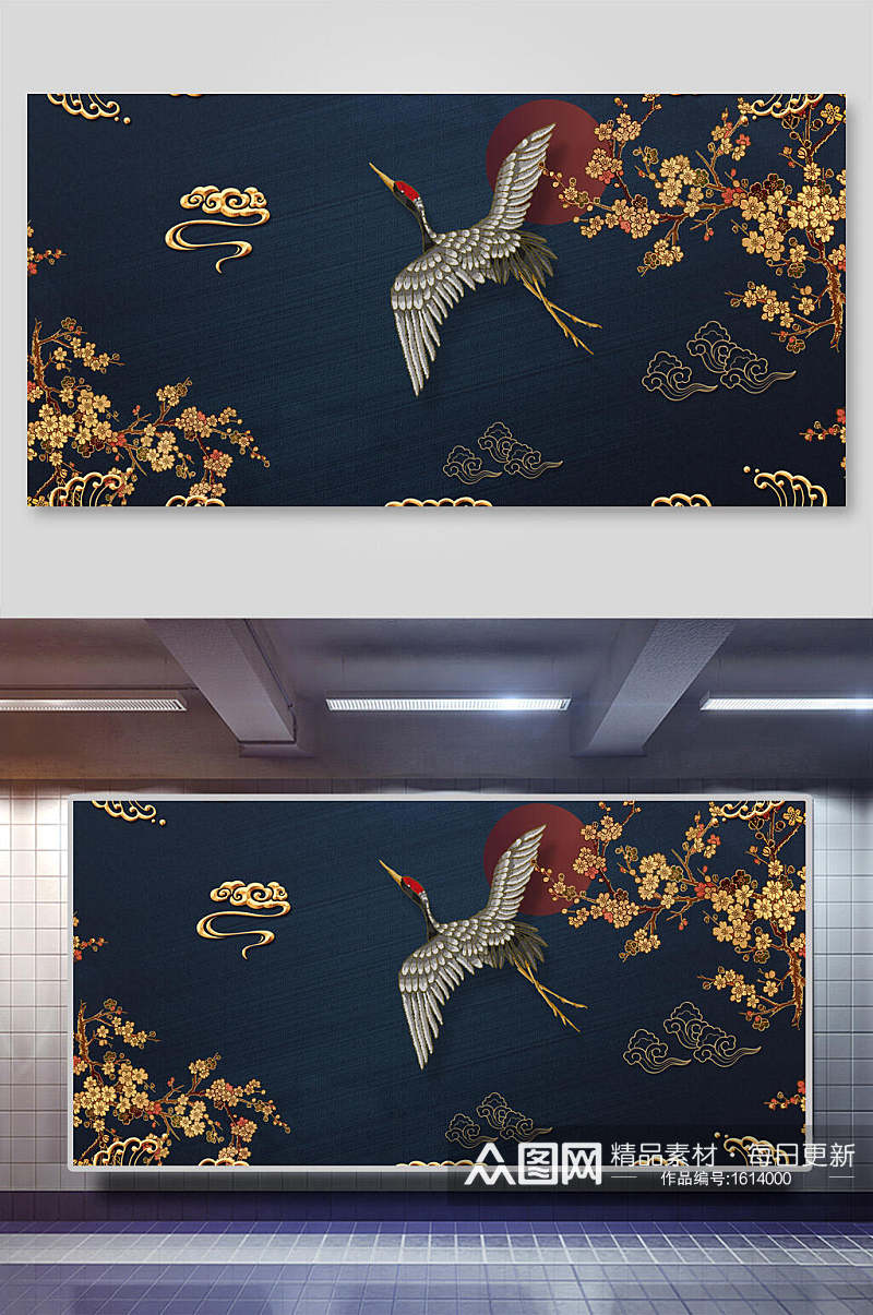 中式传统花纹白鹤背景素材素材